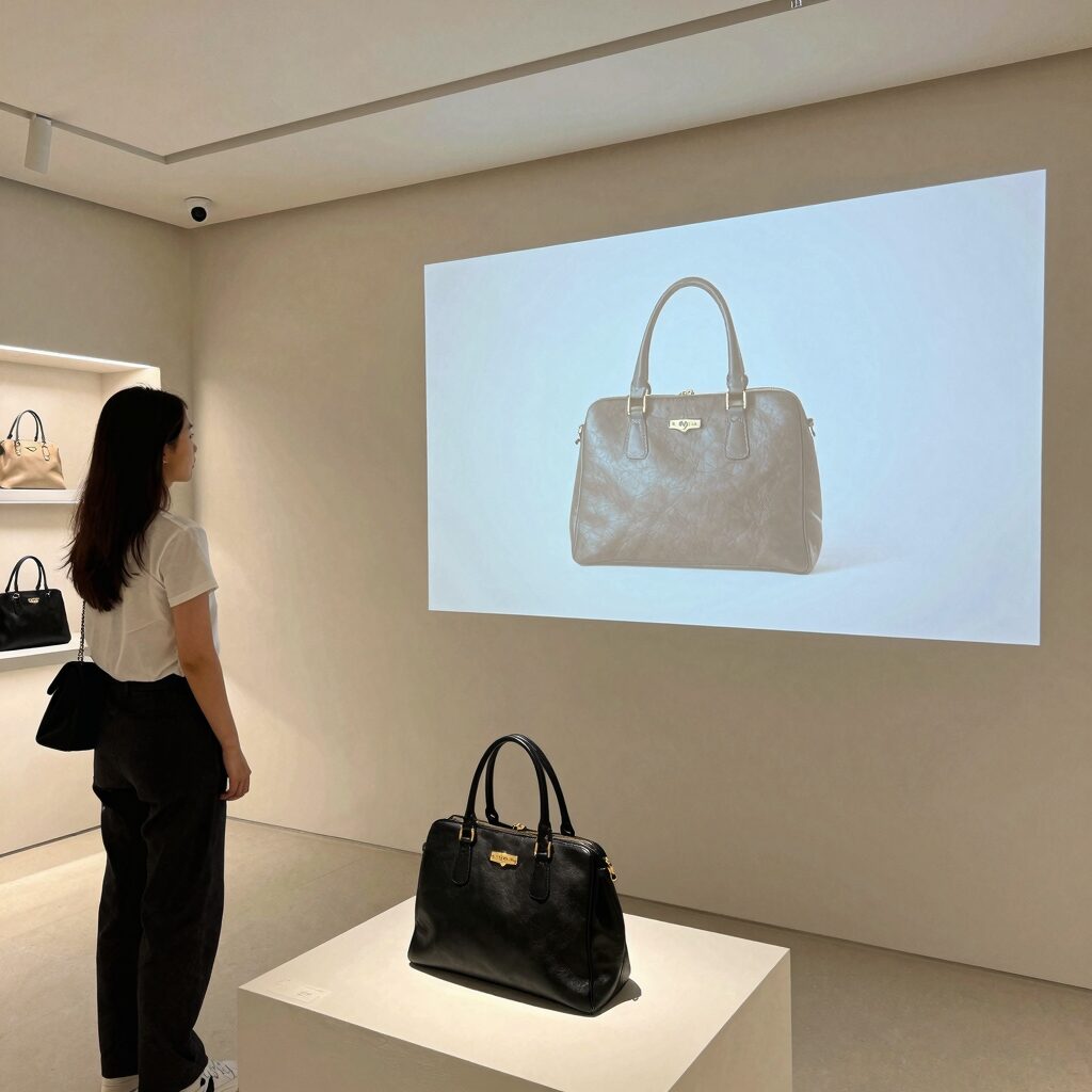 마뗑킴 성수 플래그십 스토어 내부 전시된 가방과 의류