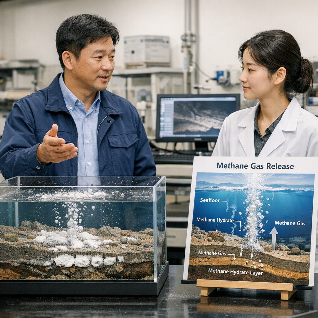해저 메테인하이드레이트 모형과 분출 개념도
