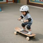 마이크로 유아 킥보드와 헬멧 세트가 놀이터에 놓여 있는 모습