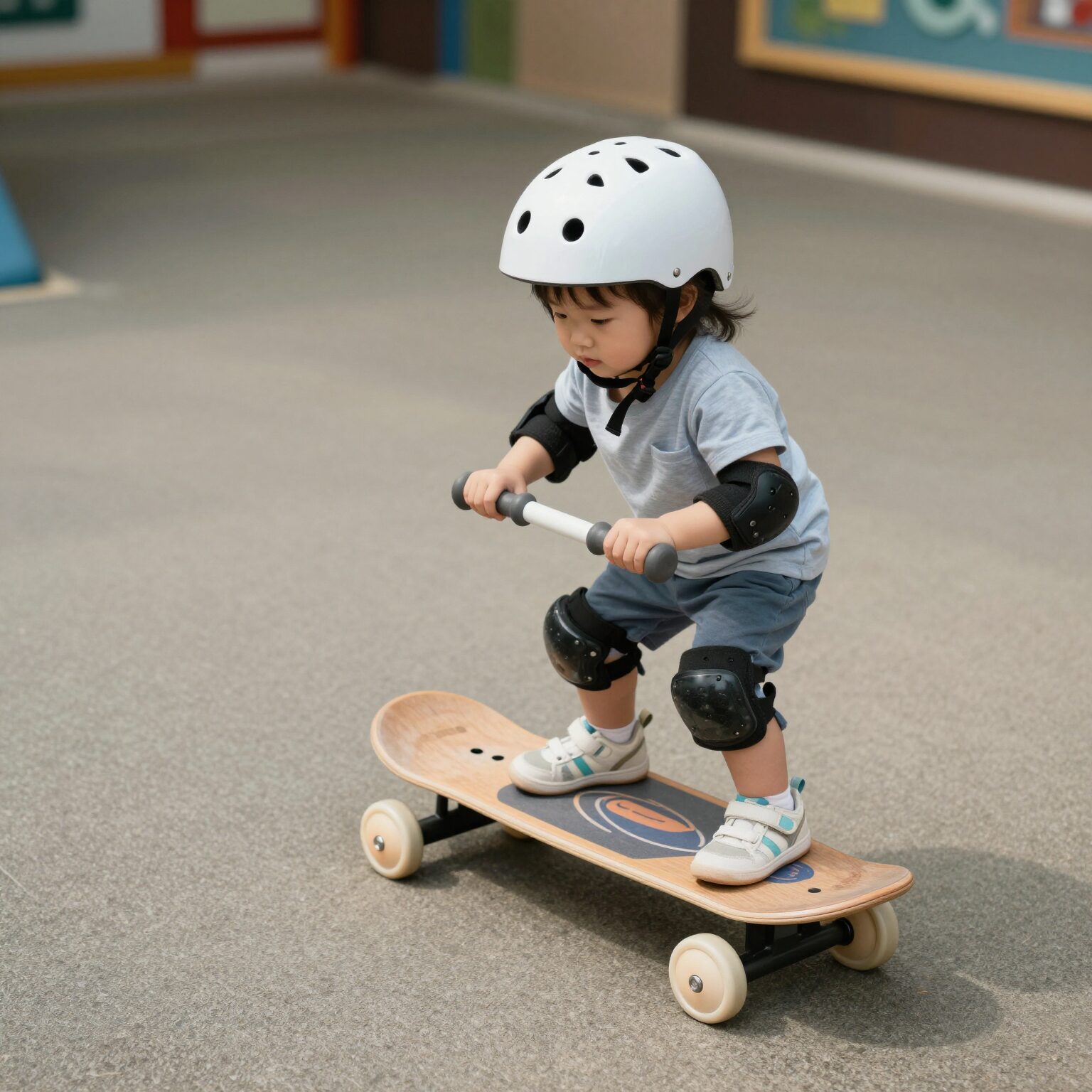 마이크로 유아 킥보드와 헬멧 세트가 놀이터에 놓여 있는 모습