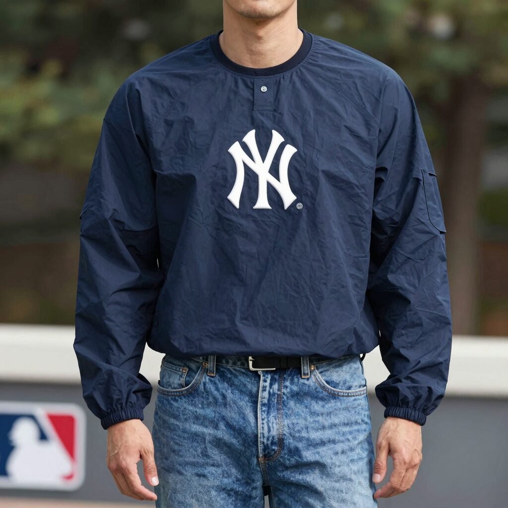 MLB 뉴욕 양키스 로고가 새겨진 네이비색 바람막이를 입은 사람이 데님 팬츠와 함께 캐주얼하게 코디한 모습
