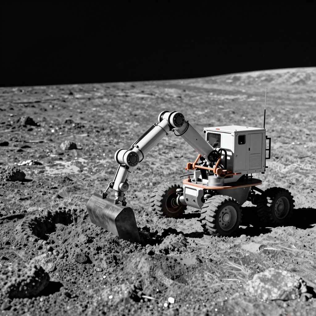 달 표면에서 헬륨3 채굴을 상상한 개념도. 로봇 채굴 차량이 달 토양을 수집하고 있다.
