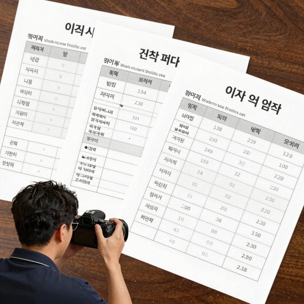 여러 이사 업체 견적서를 나란히 비교하고 있는 모습