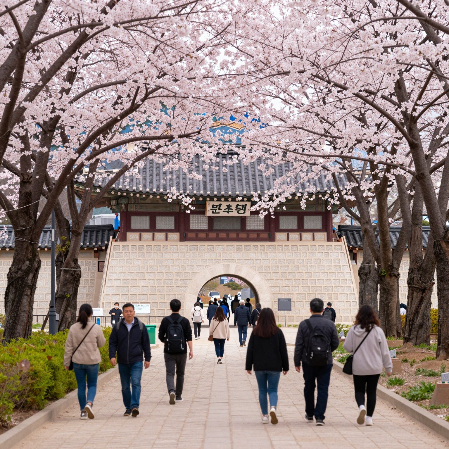 서산 문수사 일주문 입구의 분홍색 겹벚꽃 터널 풍경, 꽃길을 걷는 방문객들