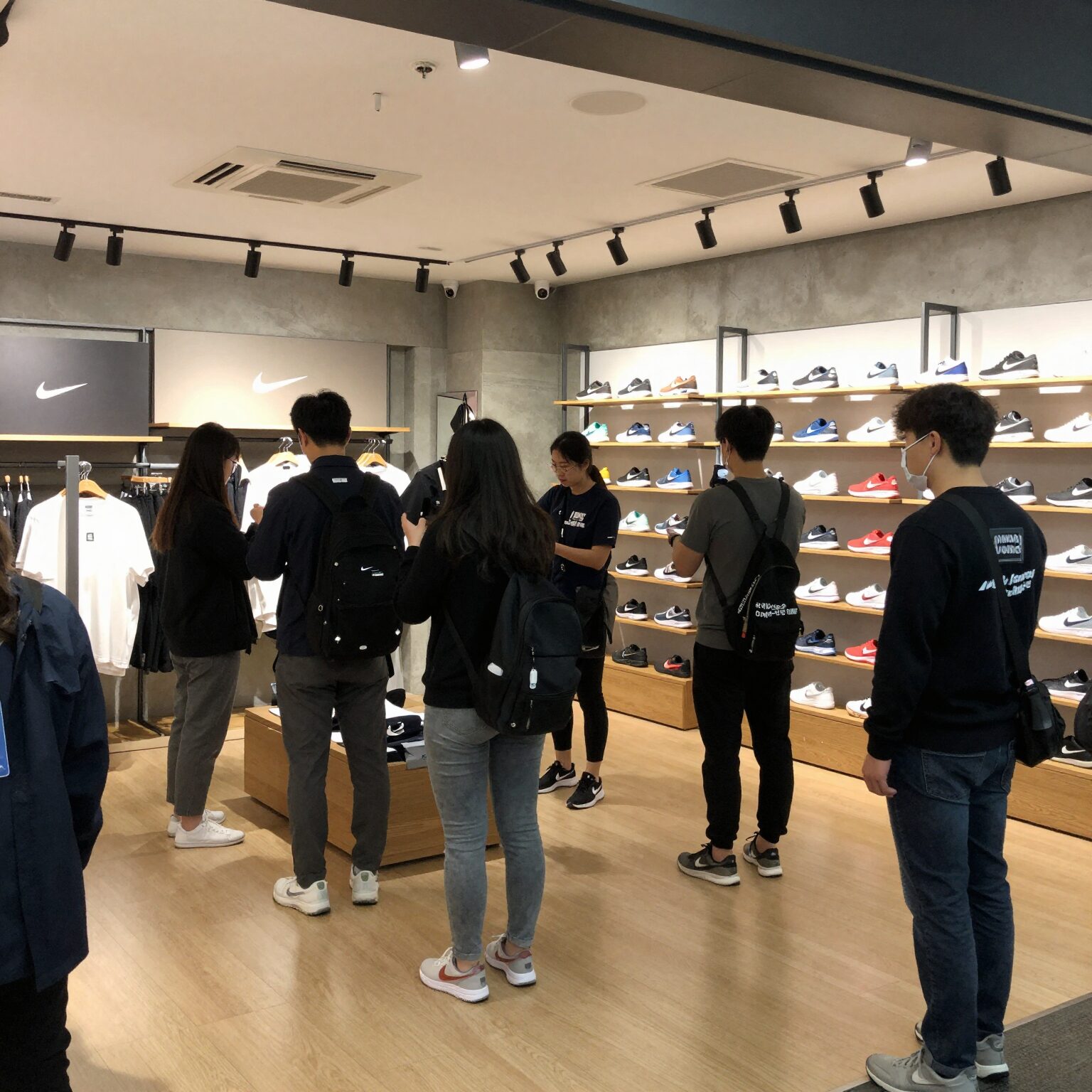 명동 나이키 서울 매장 1층 나이키 바이유 커스텀 존에서 손님들이 와펜을 고르고 있는 모습