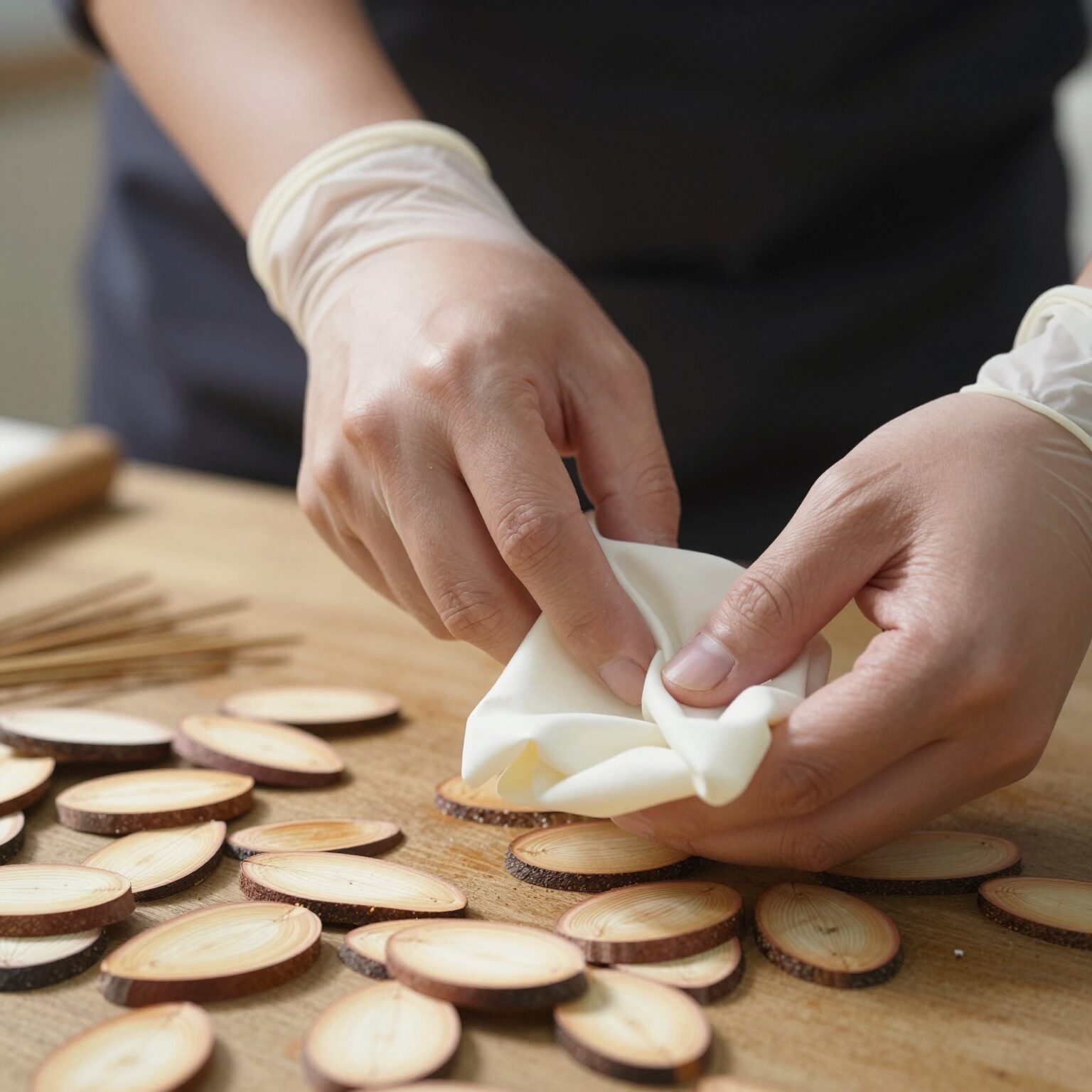 위생장갑을 낀 손이 옻순을 다듬고 있는 모습. 옻순은 깨끗이 씻어 끝부분만 정리한다.