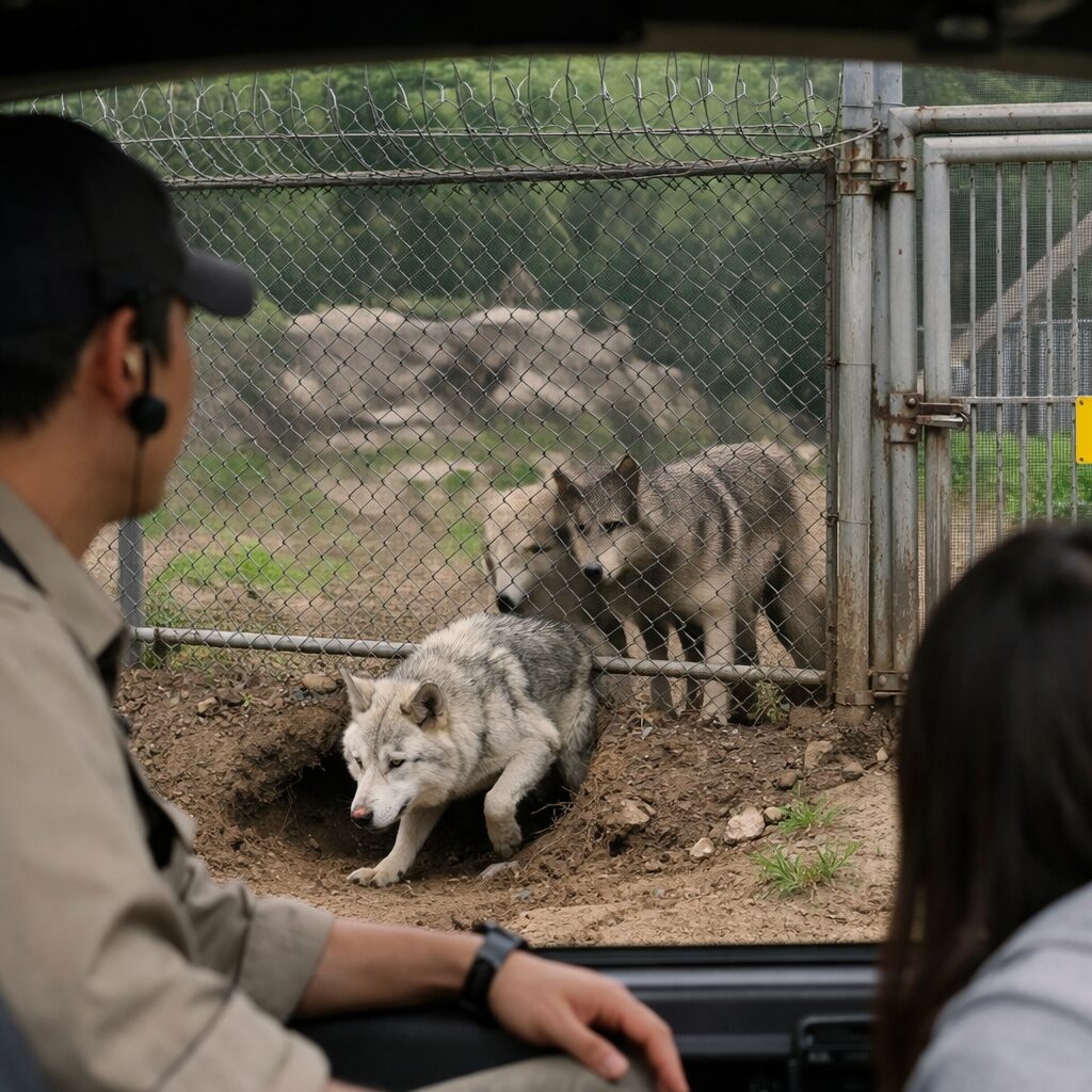 대전 오월드 늑대 사파리 우리와 탈출 가능성을 보여주는 구조