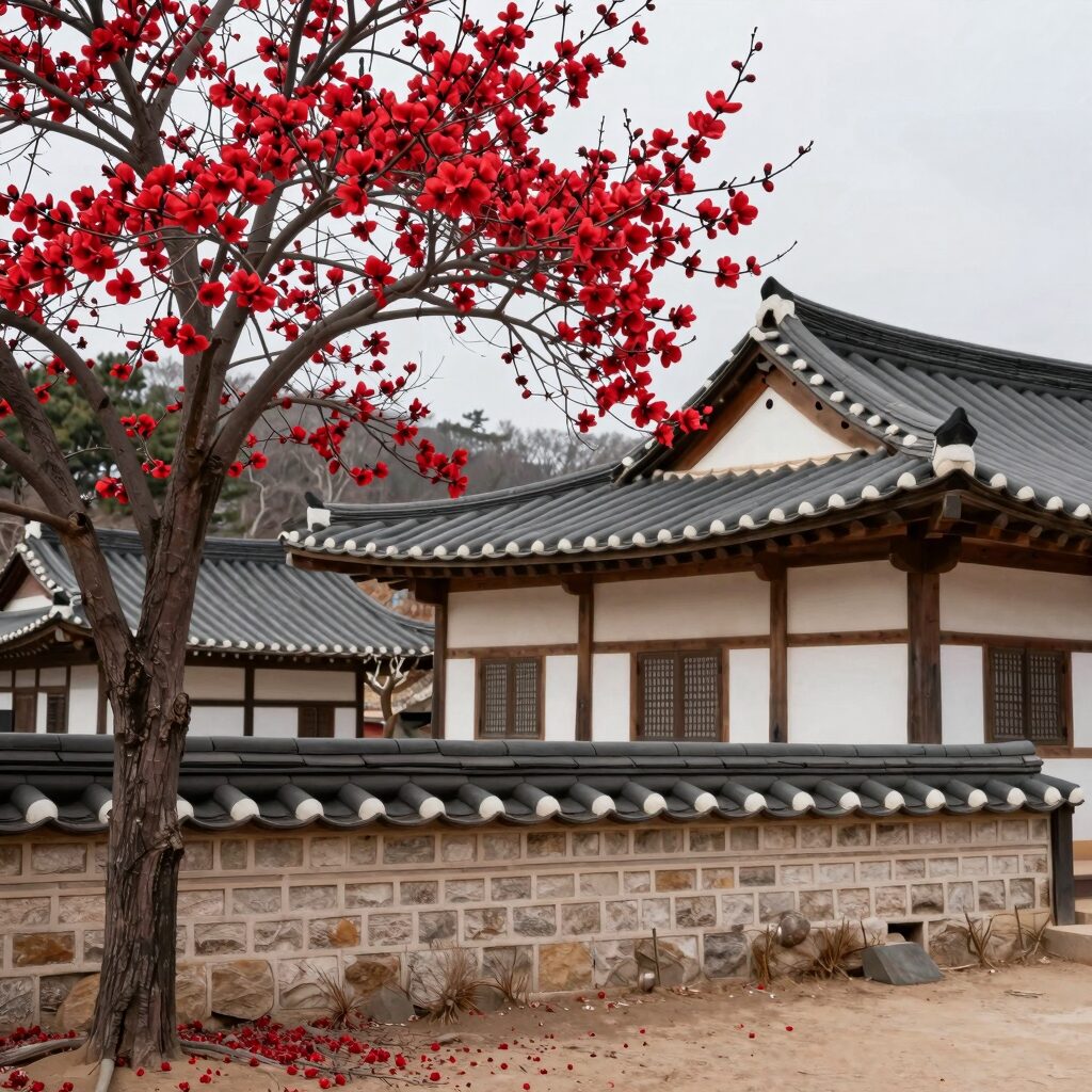강릉 오죽헌에서 활짝 핀 붉은 모란꽃과 전통 가옥이 어우러진 풍경