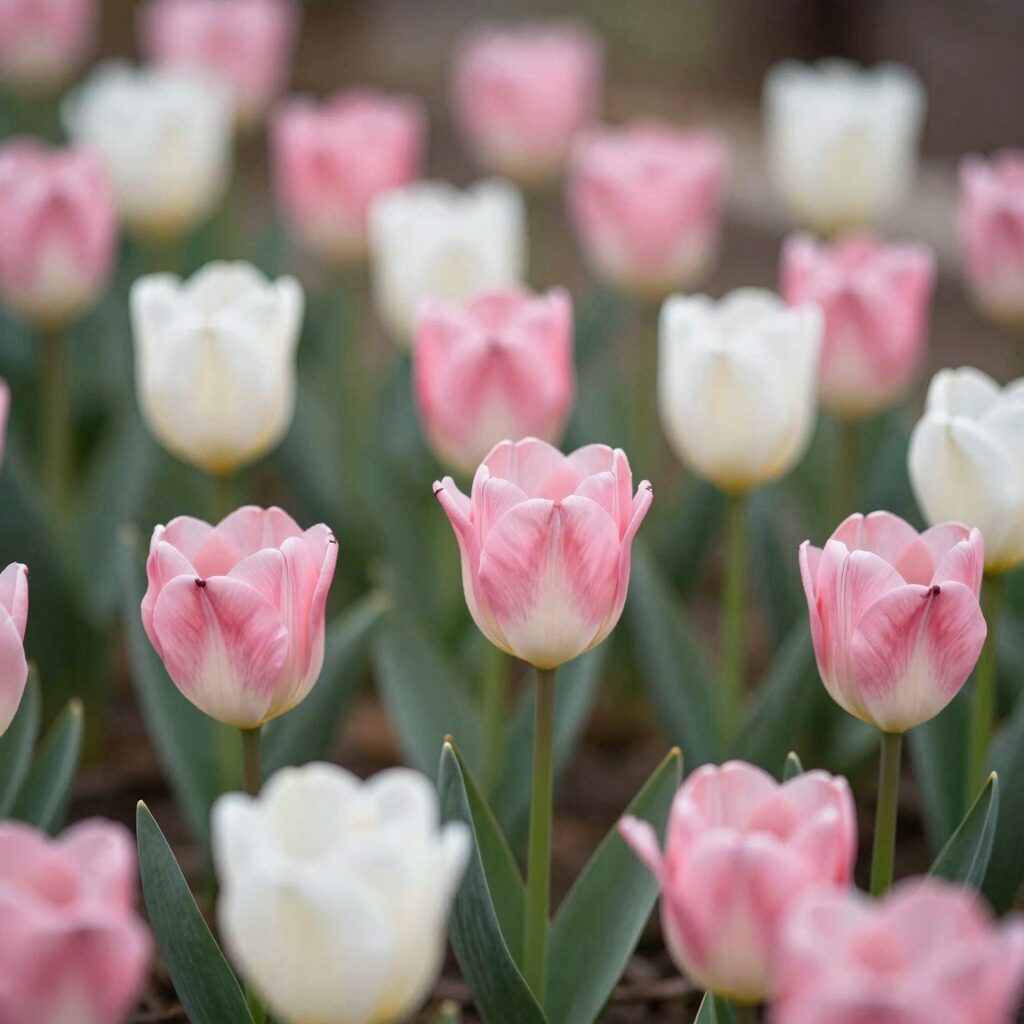 작약 꽃이 활짝 핀 정원 모습. 분홍색과 흰색 작약이 풍성하게 피어 있다.
