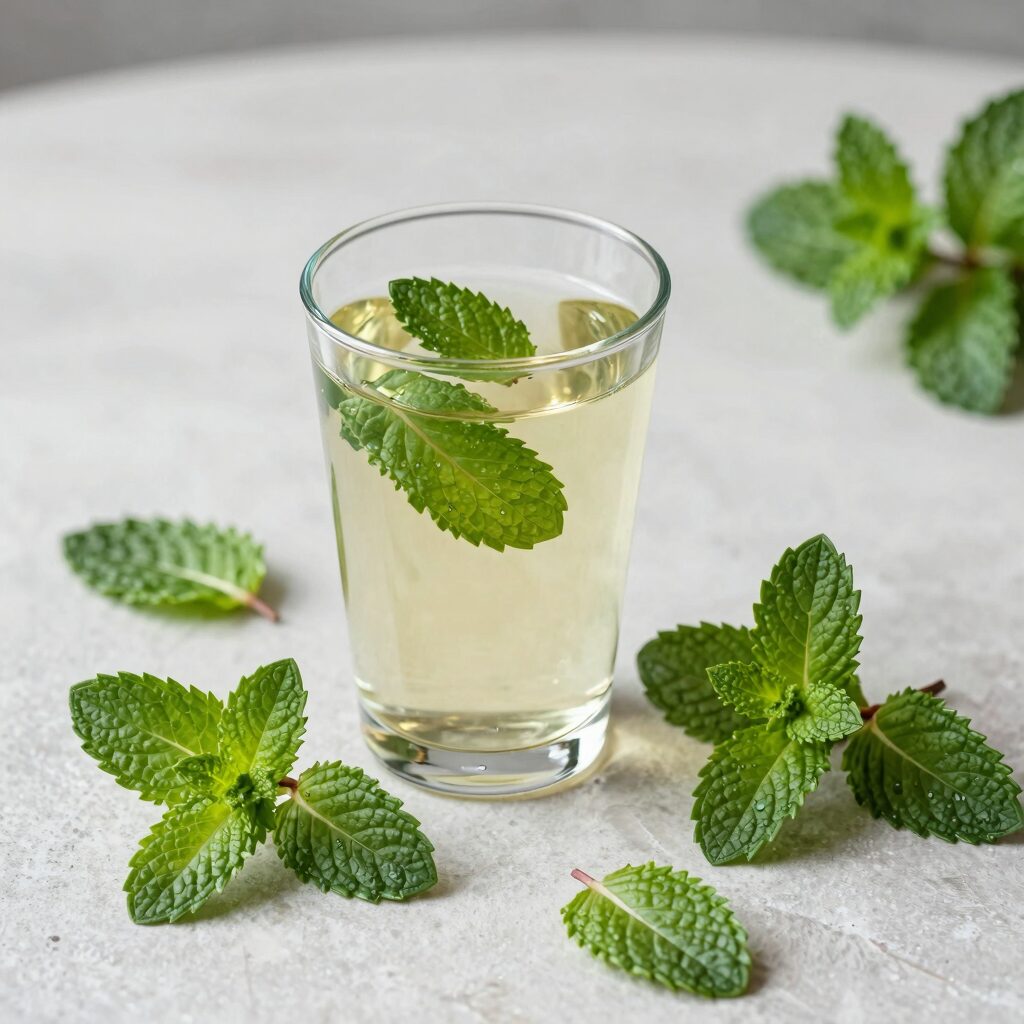 페퍼민트 잎과 차 한 잔이 놓인 테이블 위의 모습