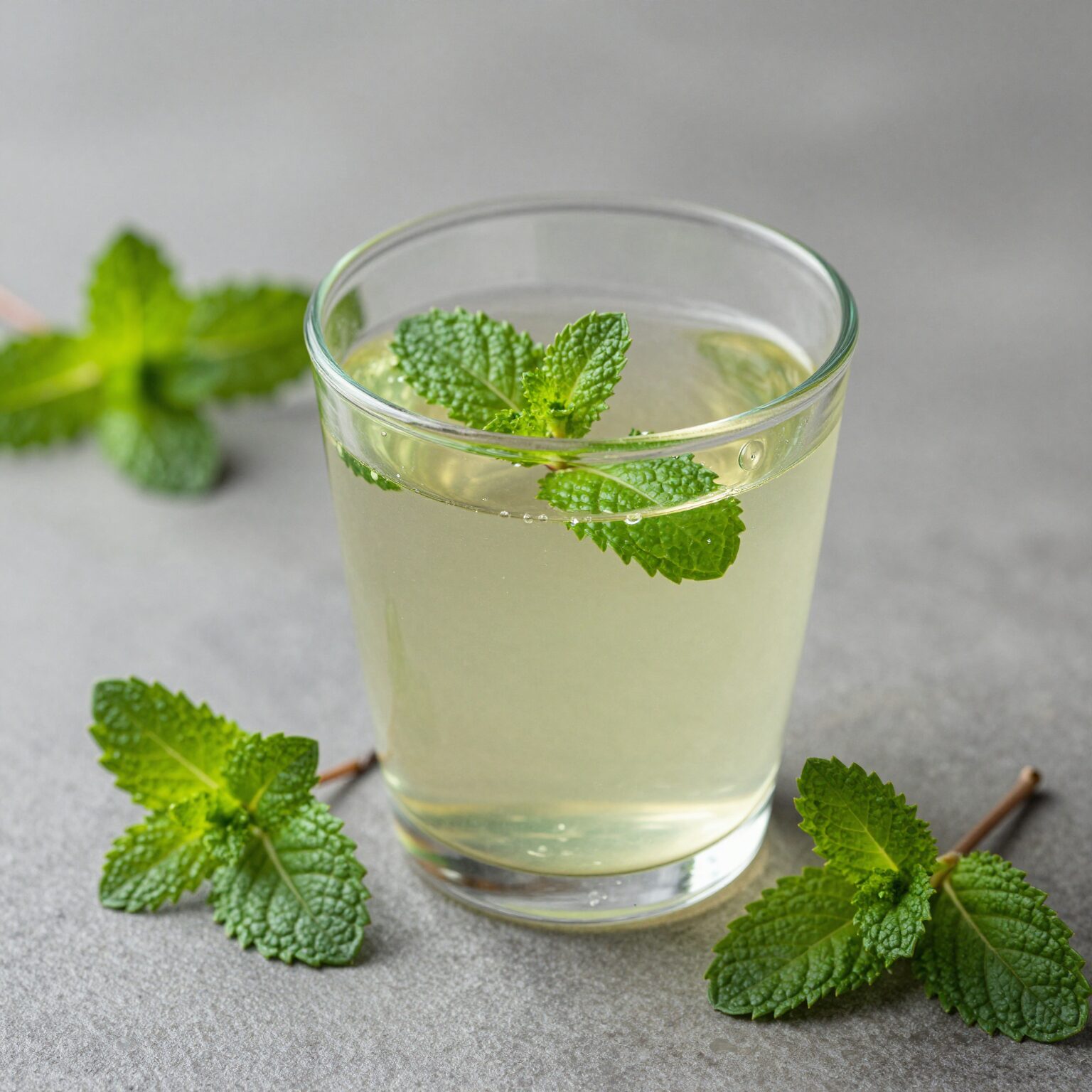 따뜻한 페퍼민트 차 한 잔이 테이블 위에 놓여 있고, 그 옆에는 신선한 페퍼민트 잎이 놓여 있는 사진