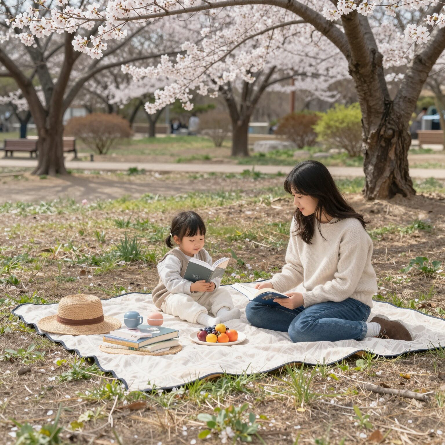 봄날 공원에서 책과 돗자리 피크닉 세트를 즐기는 모습