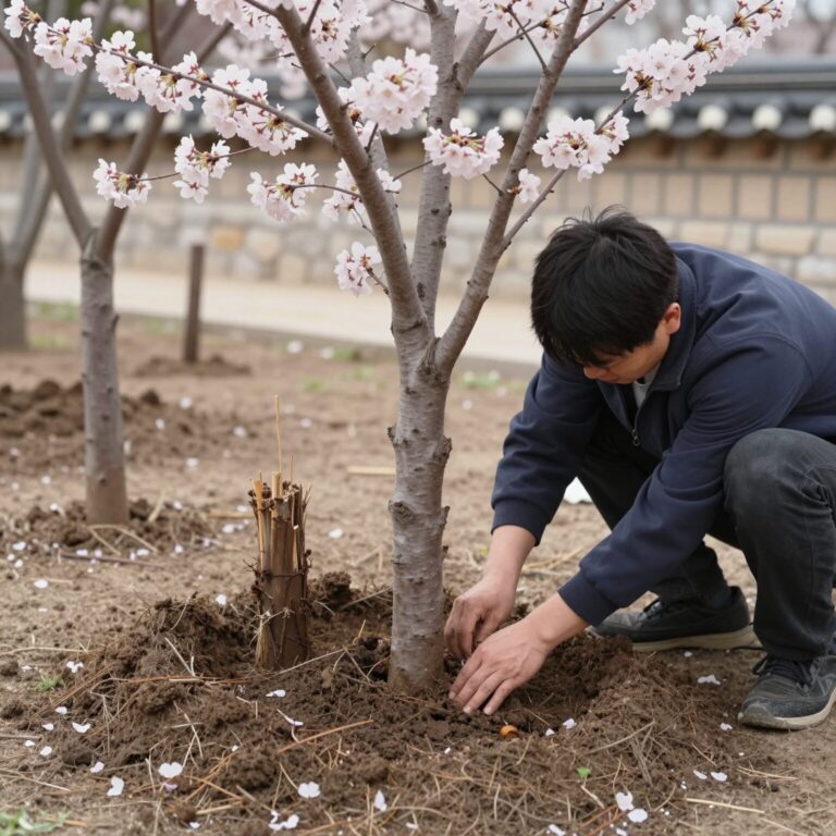 겹벚꽃 묘목을 정원에 심는 과정, 구덩이를 파고 나무를 세우는 모습