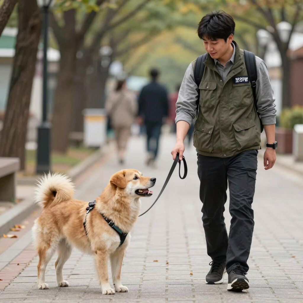 포켓멍센터 봉사자가 강아지와 산책하며 교감하는 모습