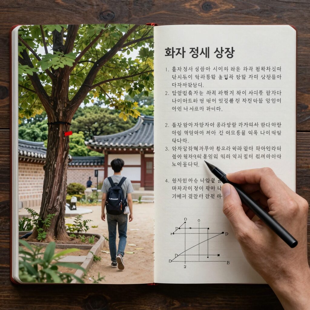 시 분석 노트에 화자 정서 상황이 적힌 다이어그램과 펜