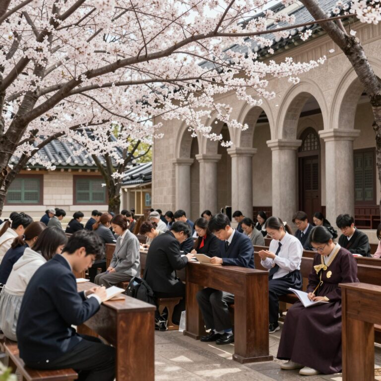 봄빛이 스민 교회 성당에서 기도하는 모습