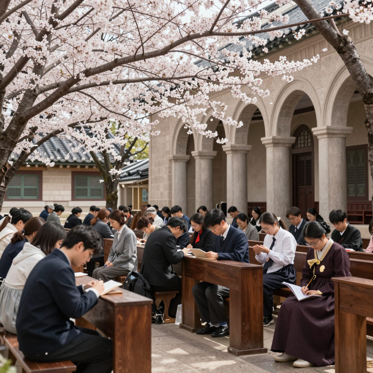 봄빛이 스민 교회 성당에서 기도하는 모습