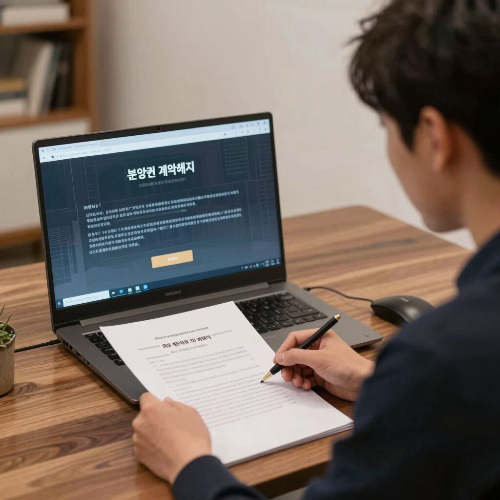 래미안 엘라비네 분양권 계약해지를 고민하는 사람이 문서를 바라보고 있는 모습