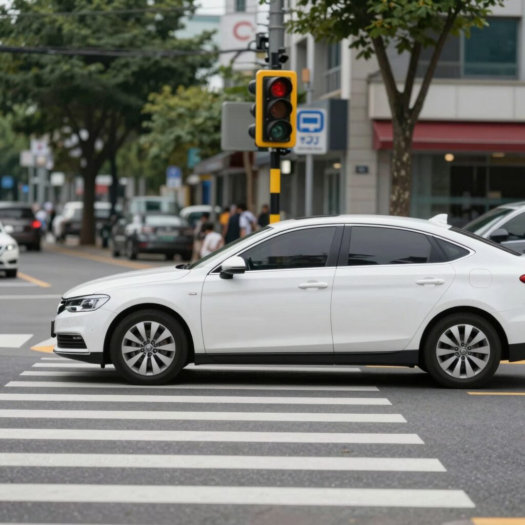 교차로 정지선 앞에서 우회전을 위해 완전히 정지한 자동차