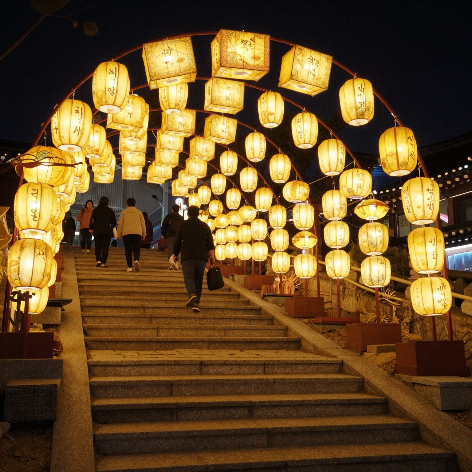 초읍 삼광사 입구 돌계단을 따라 연등 터널이 화려하게 장식된 야경 사진