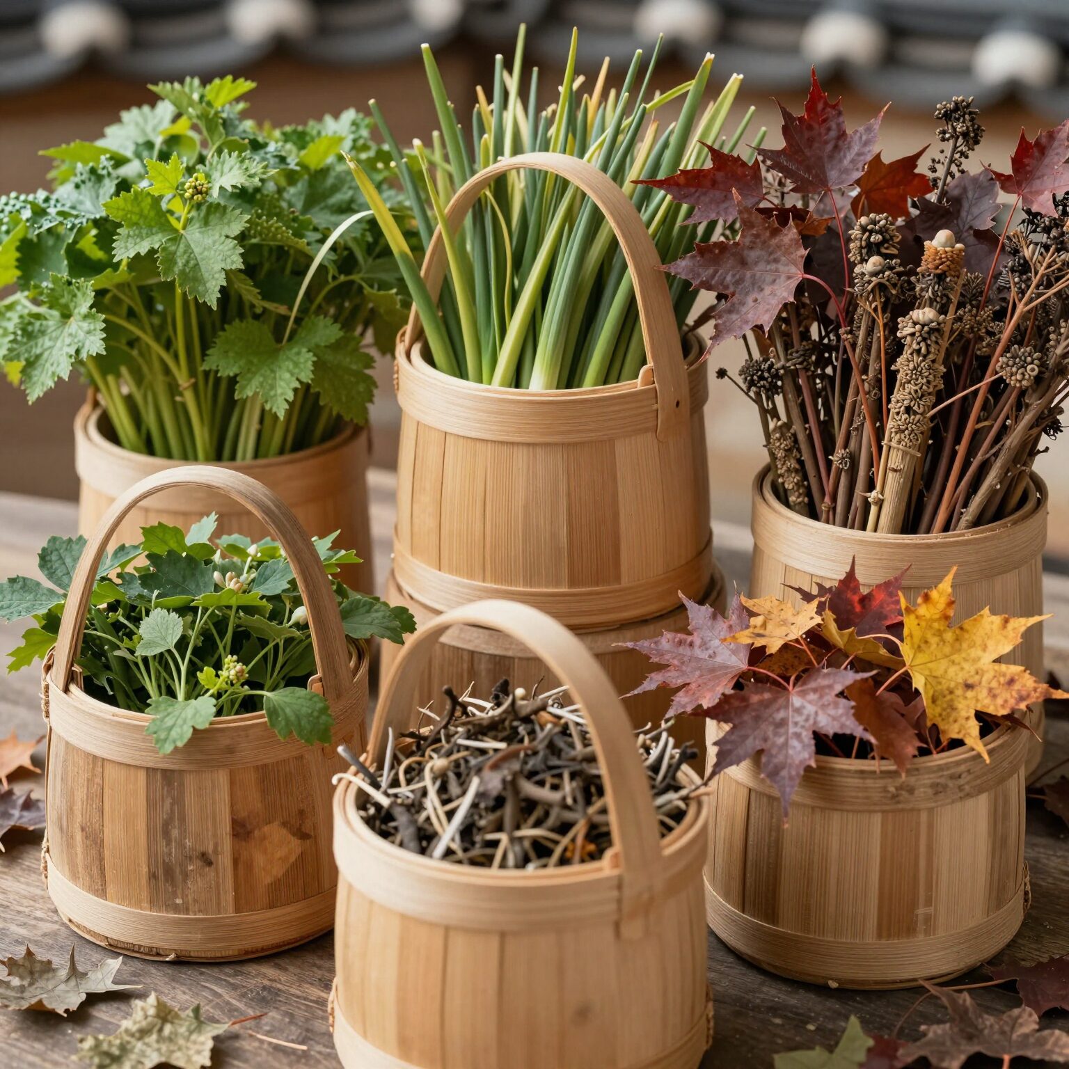 다양한 강원도 산나물 종류가 담긴 나무 바구니 곰취 참나물 단풍취 등