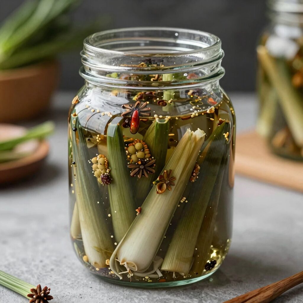 유리병에 담긴 아삭해 보이는 쪽파 장아찌
