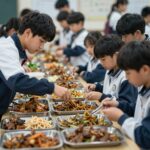 기후급식으로 인한 학교 급식실의 잔반 문제와 학생들의 반응을 보여주는 이미지