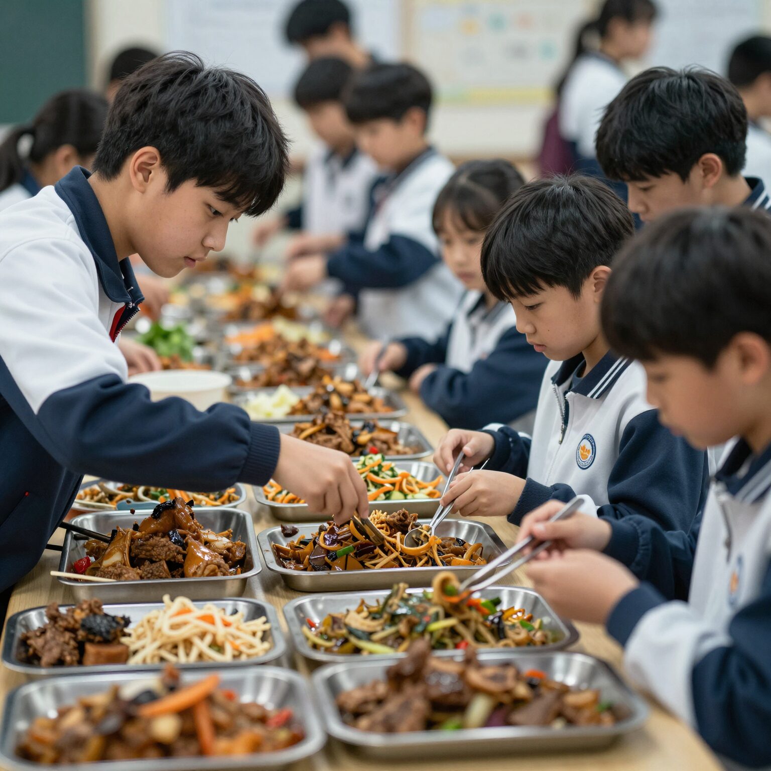 기후급식으로 인한 학교 급식실의 잔반 문제와 학생들의 반응을 보여주는 이미지