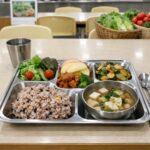 기후급식 학교 현장의 변화와 논란 학교 급식실에서 친환경 채소와 로컬푸드로 구성된 기후급식 식판이 놓여 있는 모습