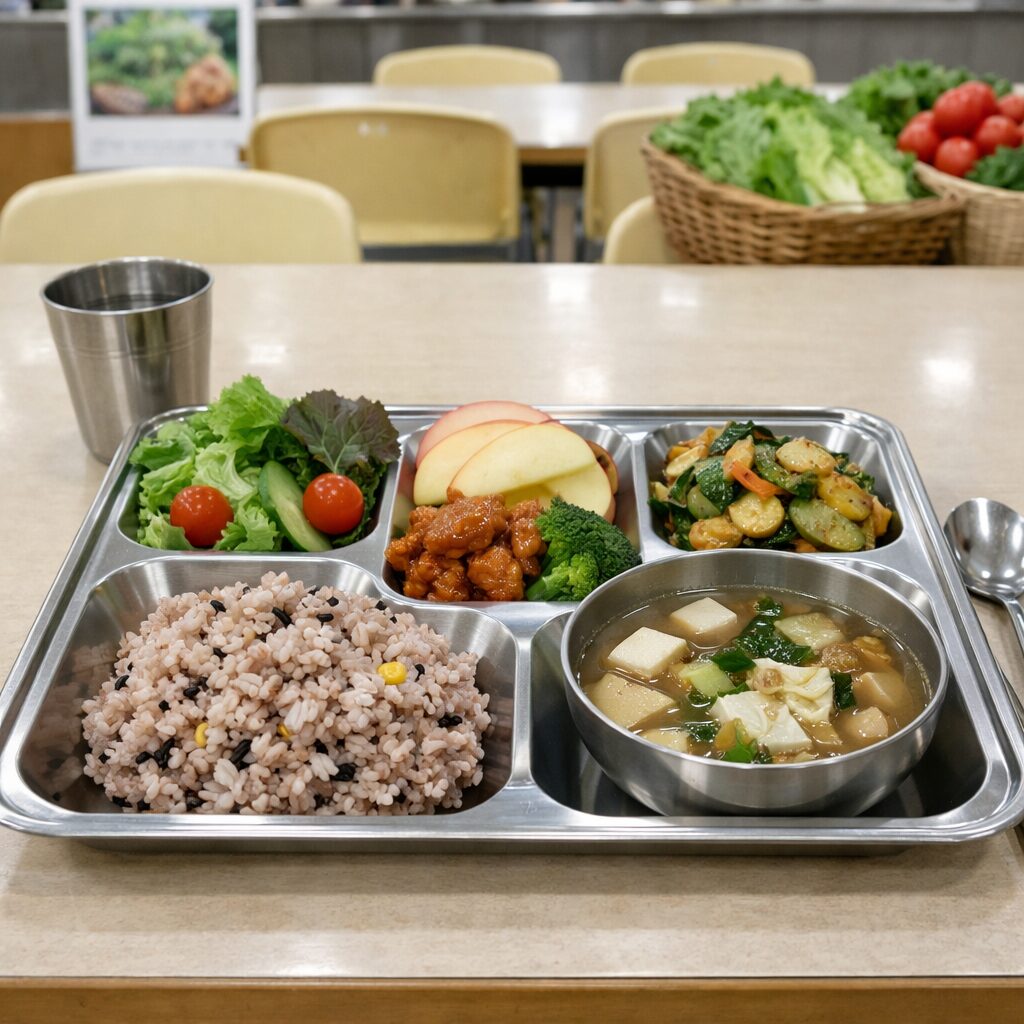 학교 급식실에서 친환경 채소와 로컬푸드로 구성된 기후급식 식판이 놓여 있는 모습