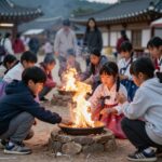 공주 석장리구석기축제에서 아이들이 불 피우기 체험을 하고 있는 모습