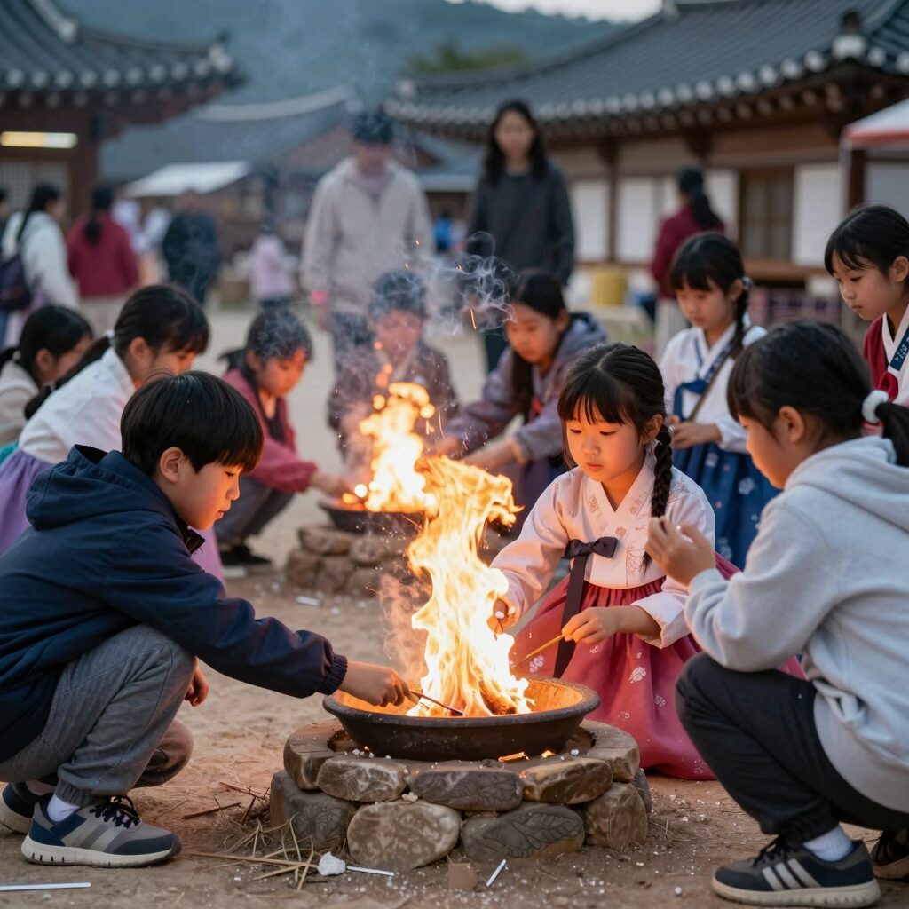 공주 석장리구석기축제에서 아이들이 불 피우기 체험을 하고 있는 모습