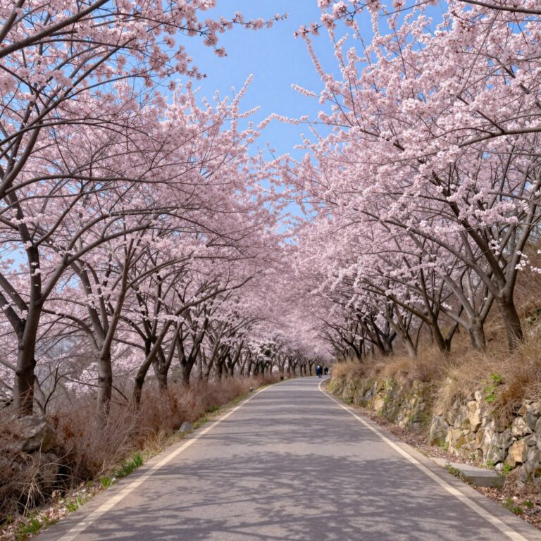 서리산 철쭉 터널 봄날 파란 하늘 아래 분홍빛 철쭉이 피어난 터널 길