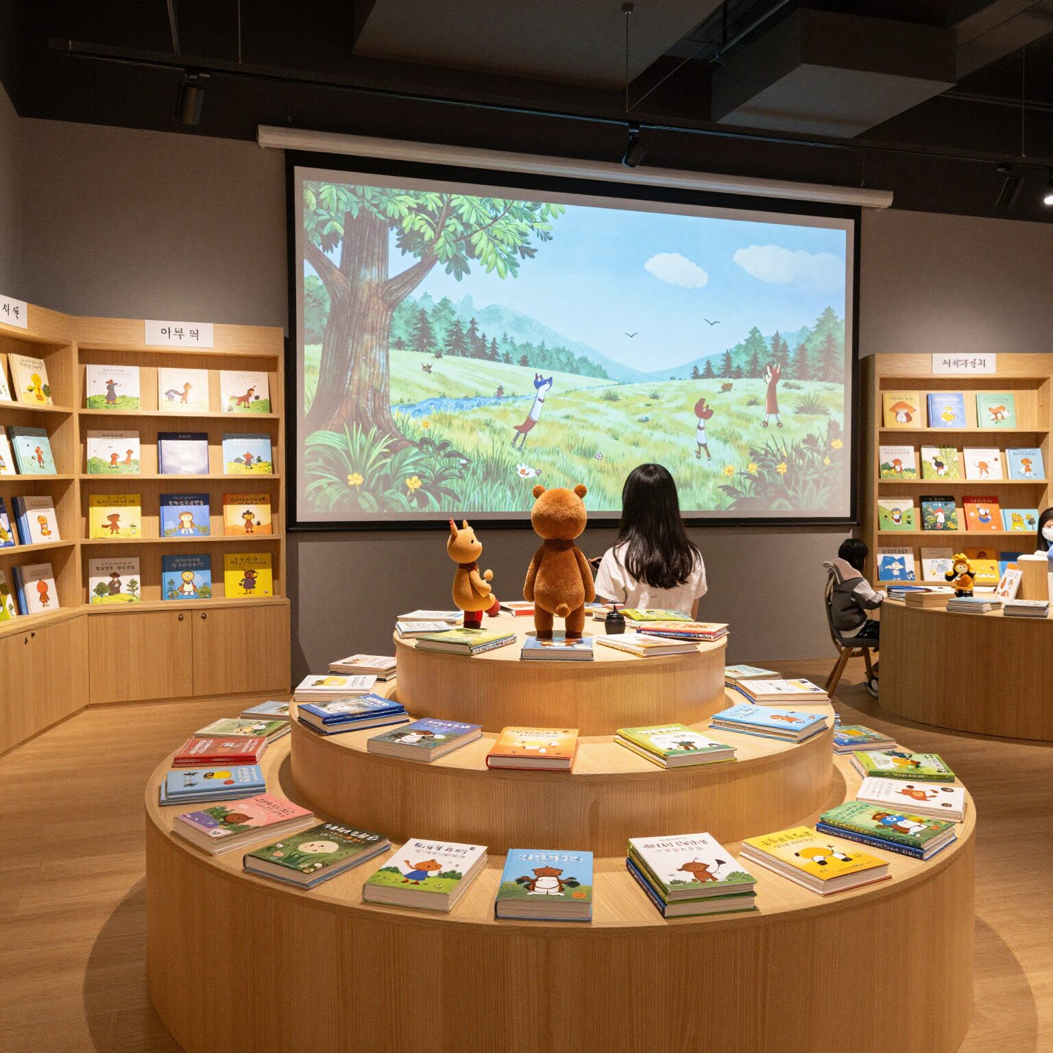 서울동화센터 내부 전경, 동화책과 나루몽 캐릭터로 꾸며진 밝은 공간