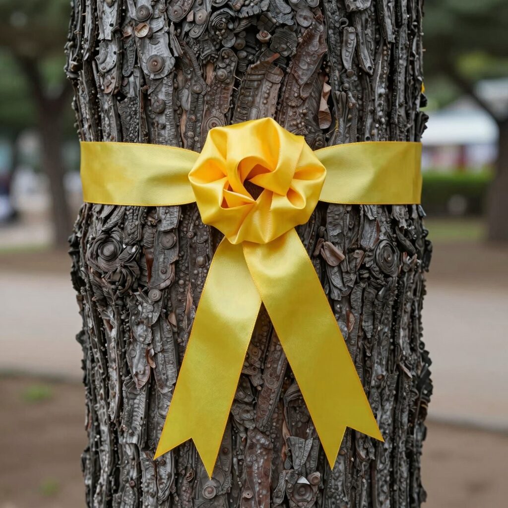 정읍 이팝동산 나무에 매달린 노란 리본 close up shot 추모와 기억의 상징