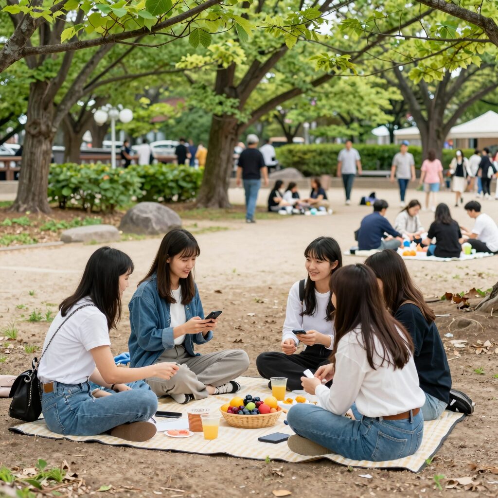 골든위크 시기 도쿄 신주쿠교엔 공원에서 피크닉을 즐기는 사람들