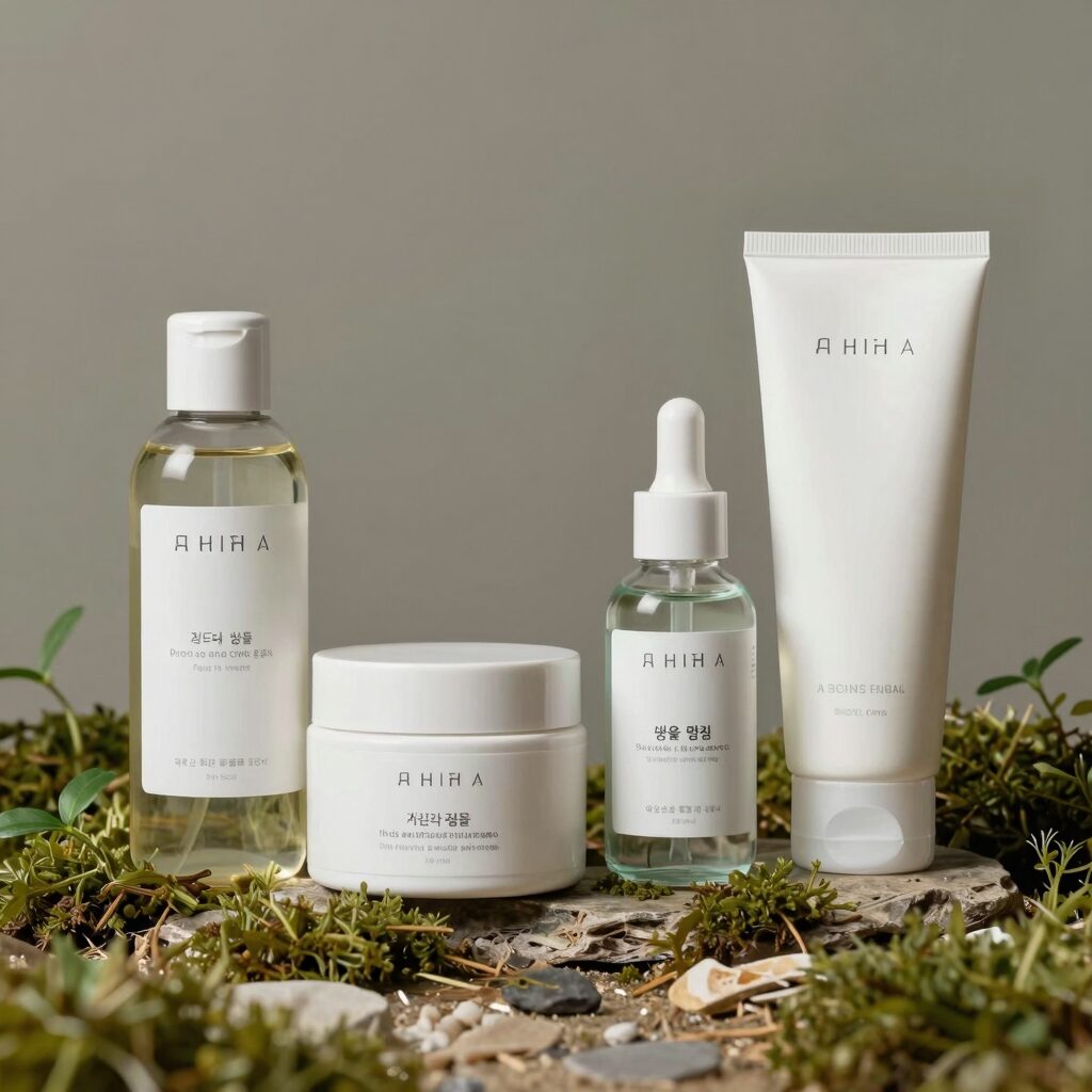 시드물 병풀 진정 토너, 마데카 크림, 병풀 앰플, 약산성 클렌징 폼이 나란히 진열된 사진