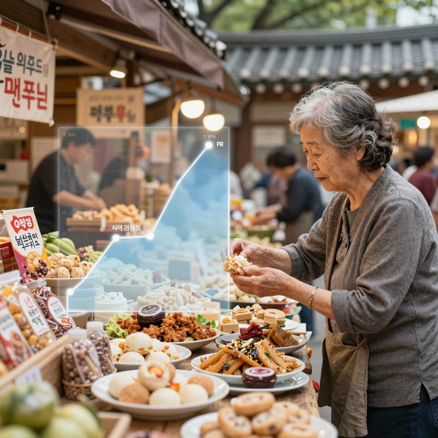 늘편푸드 시장 성장 그래프와 다양한 고령친화식품 제품 이미지