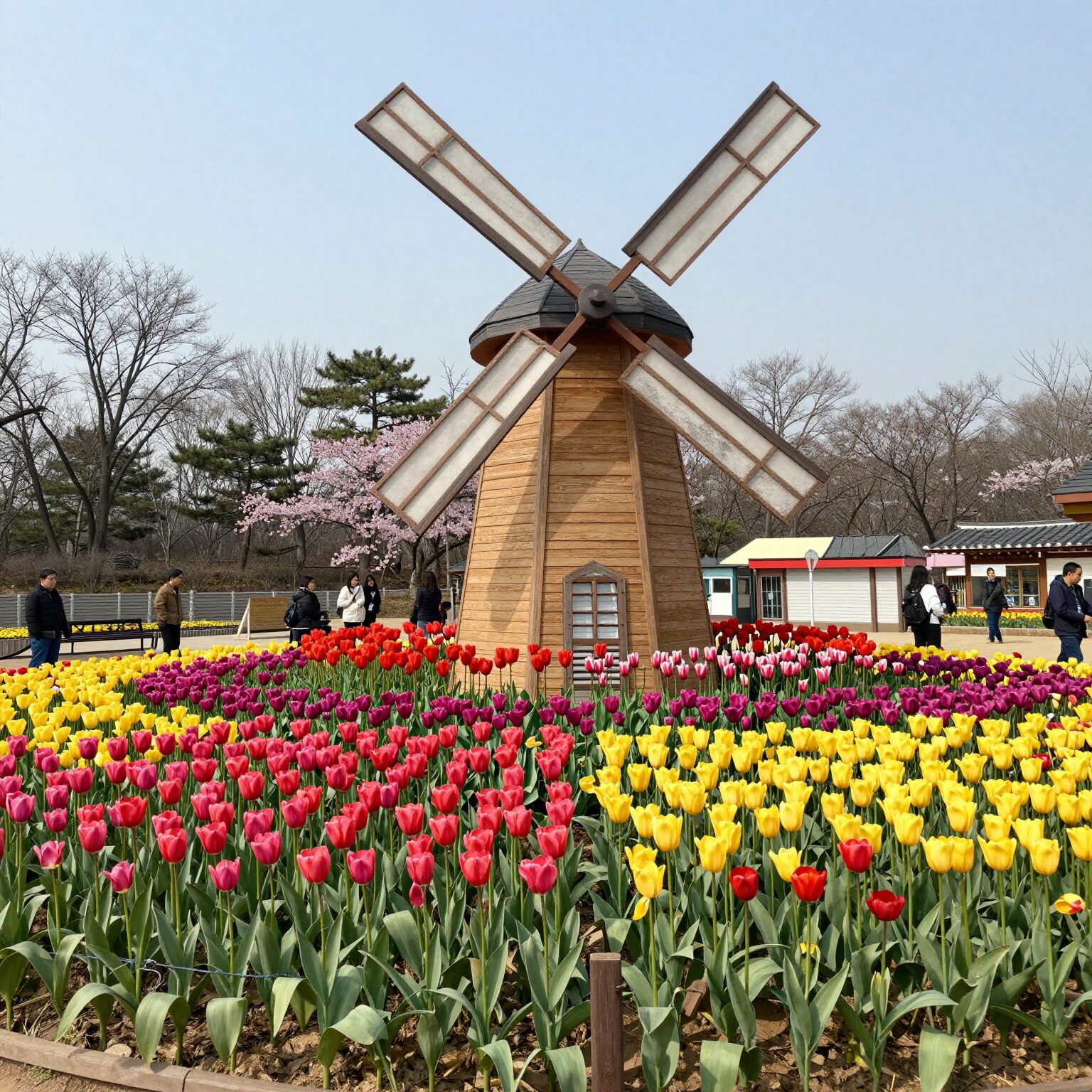 신안 튤립축제 메인 정원의 다양한 색상 튤립과 풍차 조형물