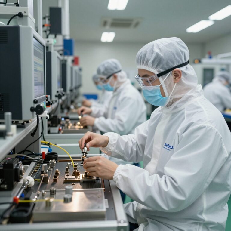 SK하이닉스 클린룸 내 생산직 근무 환경, 방진복을 입은 직원이 정밀 장비를 확인하는 모습