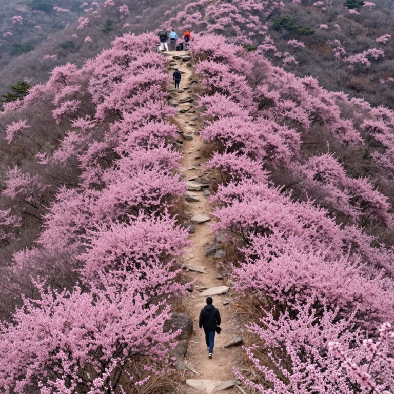 소백산 능선을 따라 펼쳐진 연분홍 철쭉 군락과 등산로