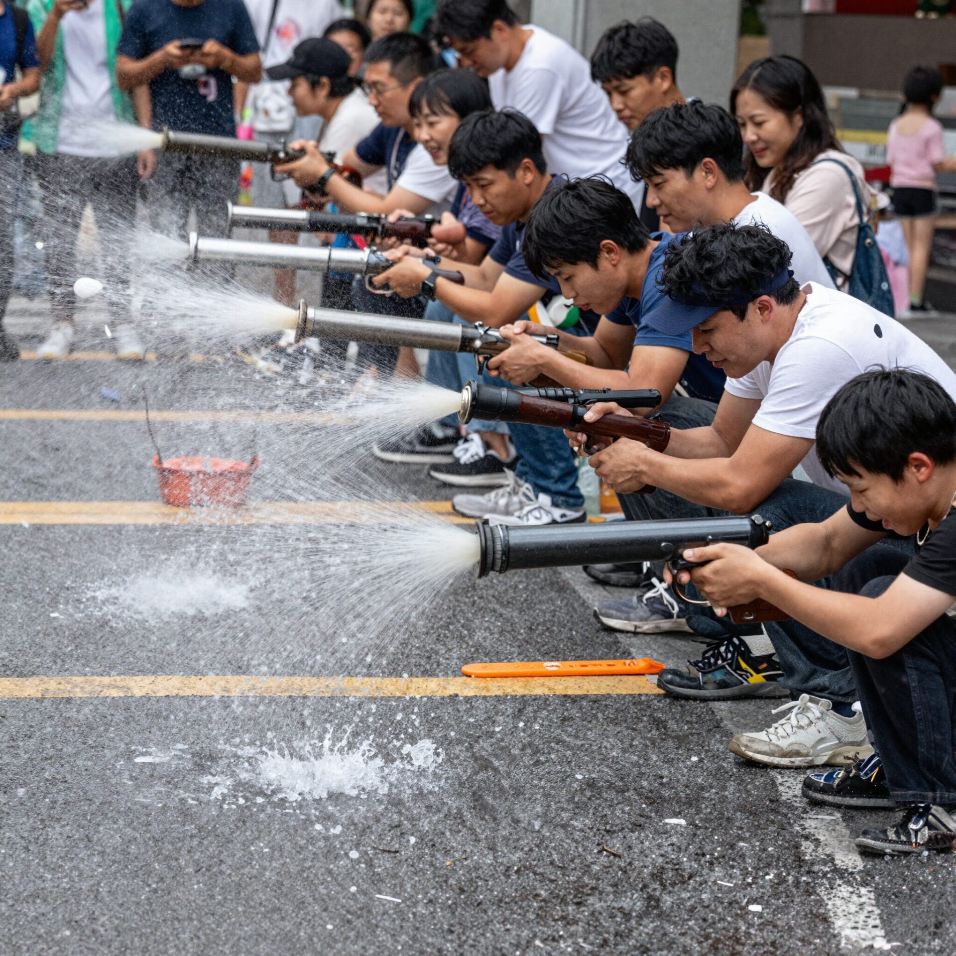 태국 방콕 카오산 로드에서 사람들이 웃으며 물총과 양동이로 물을 뿌리며 송크란 축제를 즐기는 활기찬 거리 풍경