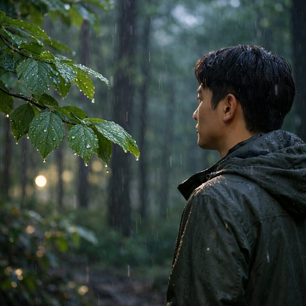 곡우 전날 저녁 숲속에서 내리는 봄비 장면, 나뭇잎에 맺힌 빗방울