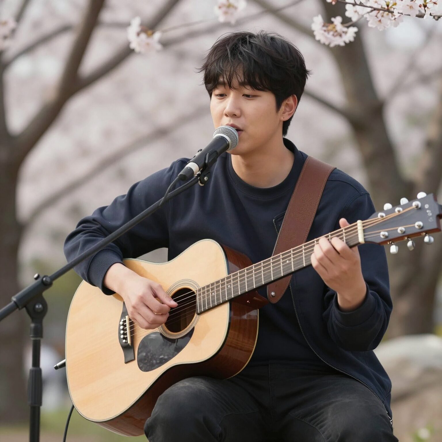10CM 권정열이 밝은 어쿠스틱 기타를 연주하며 노래하는 모습, 봄의 감성을 표현