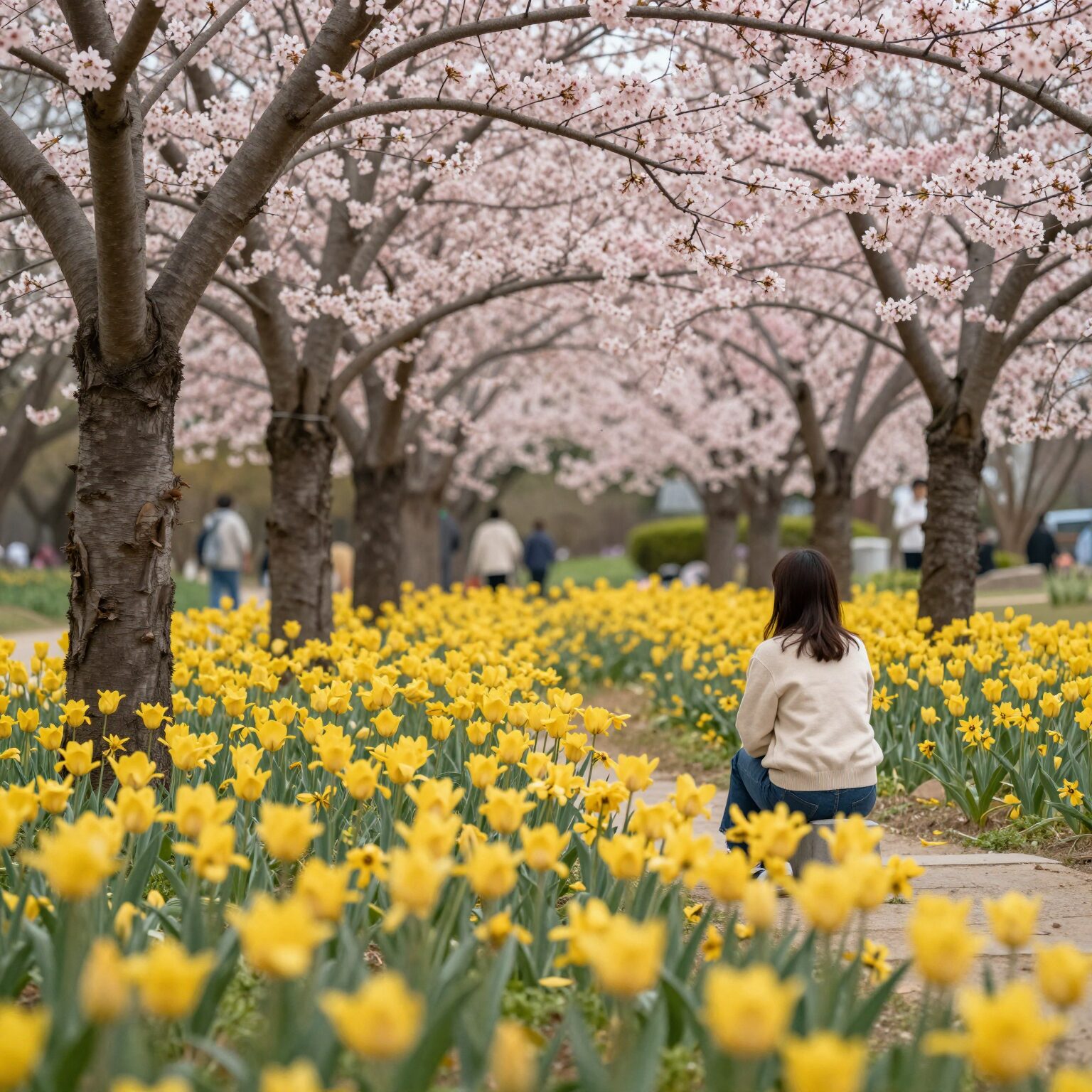 봄 공원에 핀 노란 개나리와 분홍 진달래 꽃나무