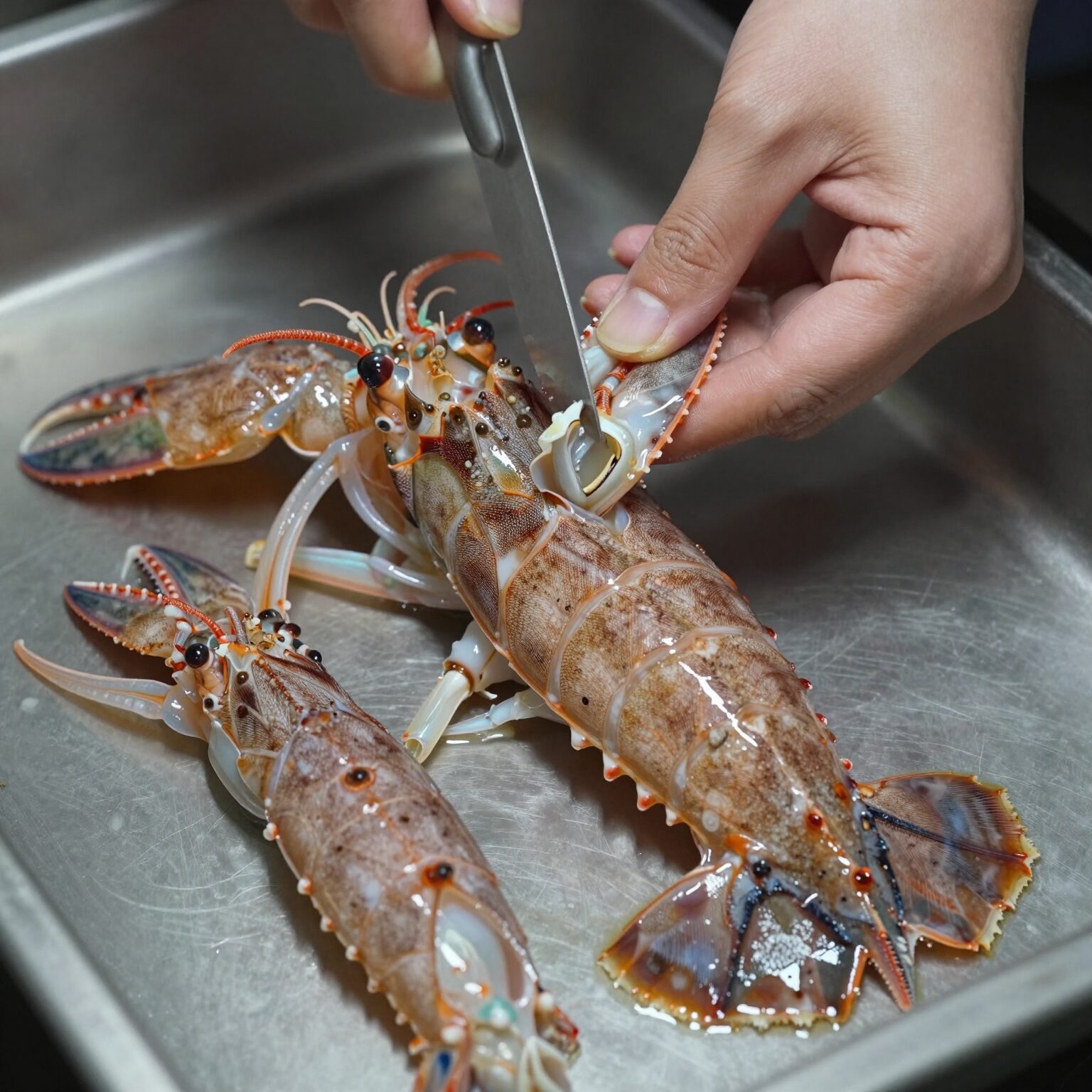 칼집을 낸 오징어 몸통과 다리를 분리하여 손질하는 과정