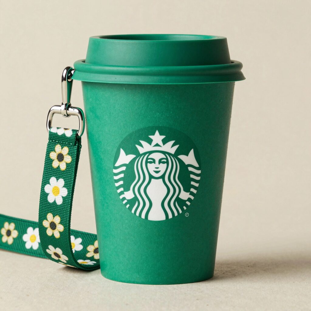 스타벅스 실리콘 푸드백 그린 컬러와 플라워 스트랩 참이 연결된 모습