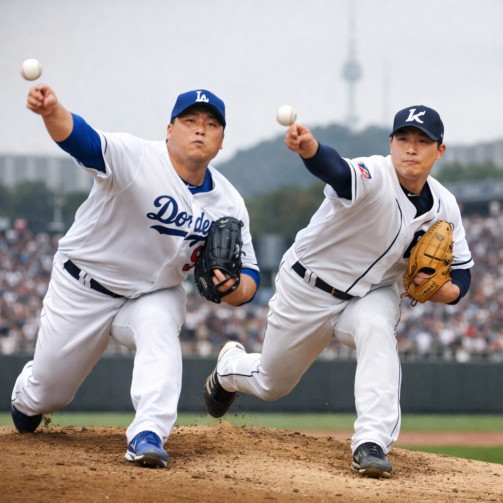 류현진과 고영표 선발 투수 마운드 위에서 공을 던지는 모습 합성 이미지
