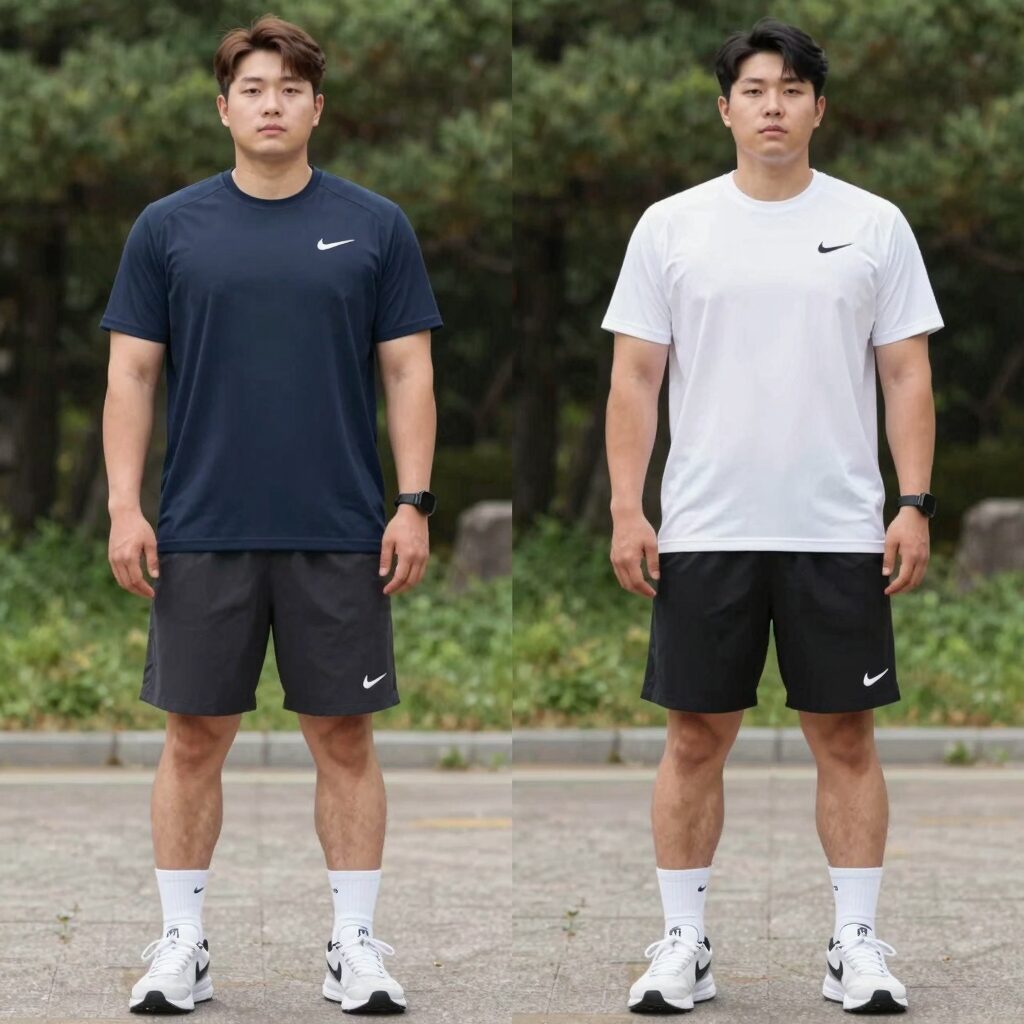 스투시 반팔과 국내 나이키 티셔츠 사이즈 비교 사진으로 XL과 3XL 차이를 보여줌