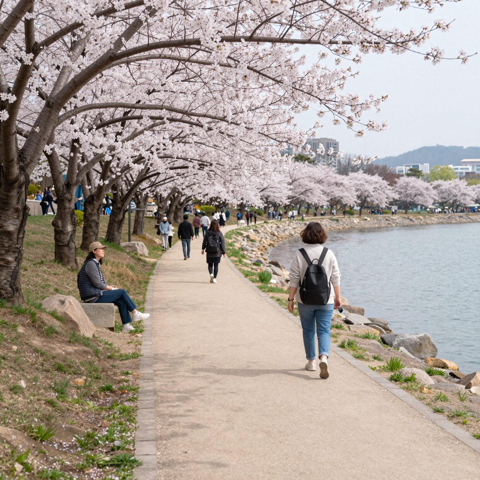 수원 서호공원 호수沿岸에 핀 흐드러진 벚꽃 길과 산책하는 사람들